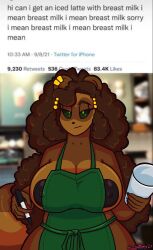 anthro apron apron_only areola big_areola big_breasts black_areola black_nipples black_nose black_sclera breasts brown_body brown_fur brown_hair canid canine clothing container criminalbunnydraws cup curled_hair curvy_figure dark_areola digital_media_(artwork) english_text eyelashes female fur green_apron hair hi_res holding_object huge_breasts i_mean_breast_milk iced_latte_with_breast_milk jewelry looking_at_viewer mammal meme mostly_nude nipple_slip nipples puffy_hair raccoon_dog shaded slightly_chubby solo tanuki text voluptuous wide_hips