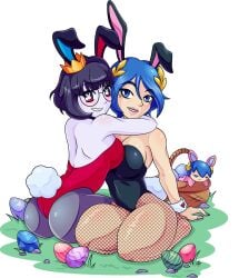 2girls1boy annoyed annoyed_expression annoyed_face blue_eyes blue_eyes_female blue_hair blue_hair_female blue_haired blush blushing blushing_female boobs_pressed bunny_ears bunny_ears_headband bunny_girl bunny_pajamas bunny_suit bunny_tail bunnygirl bunnysuit butt_crack buttcrack cheshireilustra child_bearing_hips cleavage comission commission_art crown cuffs_(clothing) easter easter_egg easter_eggs fishnet_legwear fishnet_pantyhose fishnet_stockings fishnet_thighhighs fishnets fluffy_tail glasses golden_laurels headband headband_ears heart_symbol high_res high_resolution highres hug hugging laurel_crown laurel_wreath leotard lipstick looking_at_viewer mole mole_over_mouth multiple_females multiple_girls on_grass on_knees original_character original_characters painted_fingernails painted_nails pale_skin pale_skin_female pale_skinned pale_skinned_female pressing_breast_on_partner pressing_breasts rabbit_ear_hairband rabbit_ears rabbit_headband rabbit_suit rabbit_tail round_glasses serayoth_freki seyako_nelmir short_hair short_hair_female size_difference slim_female slim_waist small_crown smiling smiling_at_partner smiling_at_viewer stockings sunhee sunhee_(vtuber) thick thick_ass thick_hips thick_legs thick_lips thick_thighs twitch.tv virtual_youtuber vtuber white_skinned_female