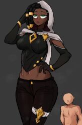 1boy 1boy1girl 1girls cloak dark-skinned_female dark_skin dreadlocks female green_eyes league_of_legends light-skinned_male light_skin long_gloves riot_games senna_(league_of_legends) tight_clothing white_cloak