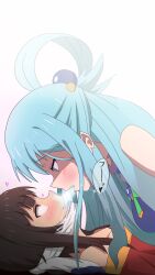 2girls aqua_(konosuba) bare_shoulders blue_eyes blue_hair blush breath brown_hair drooling eyes_rolling_back eyes_wide_open femdom femsub gag_bondage gag_removed heart heart-shaped_pupils heavy_breathing helpless hypnosis hypnotic_smell in_love kono_subarashii_sekai_ni_shukufuku_wo! looking_up megumin multiple_girls pendant red_eyes shaking single_stocking smell sniffing speech_bubble stockings sweat tied_up translation_request yuri ze_r0_ze_r0