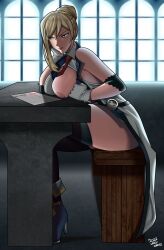 annoyed annoyed_expression blazblue blazblue_remix_heart classroom desk estella_mckenzie exposed_breasts inverted_nipples kansu-kansu ms._emma revealing_breasts sitting sitting_on_chair