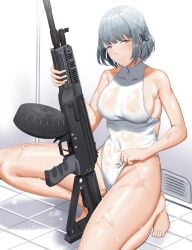 absurdres areolae breasts chiyo_goya collarbone covered_navel female girls'_frontline gun highleg highleg_leotard highres holding holding_gun holding_weapon leotard light_machine_gun medium_breasts purple_eyes rpk-16 rpk-16_(girls'_frontline) short_hair silver_hair smile solo weapon wet white_leotard