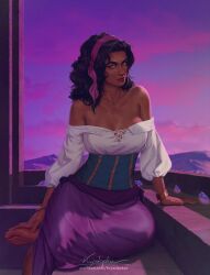 1girls 2d areolae barefoot black_hair bodice breasts cleavage dark-skinned_female dark_skin disney esmeralda female female_only green_eyes krysdecker long_hair looking_at_viewer medium_breasts pink_ribbon purple_dress the_hunchback_of_notre_dame white_shirt