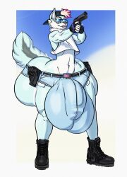 anthro backwards_baseball_cap big_ass big_balls big_butt big_lips big_penis borisalien bulge bulge_through_clothing curvy denim_shorts femboy feminine_male furry gun huge_ass huge_balls huge_butt huge_cock hung_trap hyper hyper_ass kay-kay_(kaibawolf) midriff midriff_baring_shirt obese original overweight short_shorts sunglasses tank_top wide_hips