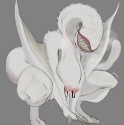 2022 anthro areola big_breasts biped bodily_fluids breasts capcom claws crouching digital_media_(artwork) digitigrade eyeless female finger_claws flying_wyvern genital_fluids genitals grey_background grin hi_res huge_breasts khezu lvlirror membrane_(anatomy) membranous_wings monster monster_girl monster_hunter nipple_piercing nipple_ring nipples piercing pussy pussy_juice saliva sharp_teeth simple_background smile solo sweat teeth video_games white_body white_skin winged_arms wings