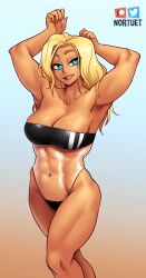 1girls arms_above_head arms_up athletic athletic_female beverly_(nortuet) big_breasts bikini blonde_hair blue_eyes breasts cleavage clothed clothing curvy female female_focus female_only gris_swimsuit hi_res light-skinned_female light_skin long_hair looking_at_viewer muscular muscular_female navel nortuet nortuet_universe original pose revealing_clothes simple_background solo swimsuit transparent_clothing watermark wide_hips