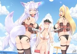 alcohol animal_ears aster-effect azur_lane ball_gag bikini bismarck_(azur_lane) blonde_hair blue_eyes bondage bound bound_wrists breast_bondage breast_rest breasts breasts_on_tray carried_breast_rest carrying cup drinking_glass enterprise_(azur_lane) female femdom femsub fox_ears fox_girl gag gagged holding holding_cup holding_tray kitsune kyuubi large_tail long_hair maid_bikini maid_headdress multiple_girls multiple_subs multiple_tails pokies public_bondage purple_eyes red_rope restrained rope shinano_(azur_lane) silver_hair sitting swimsuit tail tray very_long_hair white_hair white_tail wine wine_glass