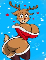 big_breasts big_butt breasts female furry happy horns_and_hooves huge_ass huge_breasts leggings red_nose reindeer short_tail thedomely