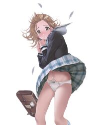 blush blushing briefcase feathers high_quality_panties idolmaster idolmaster_shiny_colors navel panties plaid_skirt skirt skirt_up white_background white_panties wind_lift windy_skirt ハメドラゴン_(saddle_dragon)