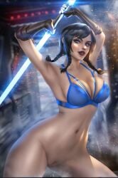 1girls ayyasap belly black_hair black_lipstick blue_bra blue_eyes blue_lightsaber bra breasts gloves hands_behind_head jedi lightsaber looking_at_viewer satele_shan see-through_bra spreading star_wars star_wars:_the_old_republic vagina