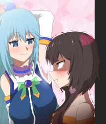 2girls against_wall aqua_(konosuba) armpit_fetish armpit_focus armpits bare_shoulders big_breasts blue_eyes blue_hair blush brainwashing brown_hair crying femdom femsub flat_chest goddess hair_ornament heart helpless holding_breath hypnosis hypnotic_smell kono_subarashii_sekai_ni_shukufuku_wo! megumin movement_lines multiple_girls musk pendant red_eyes resisting shaking sleeves smell smirk sparkle sweat tied_up uncaring wall white_background yuri ze_r0_ze_r0