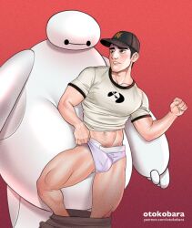 1boy asian baseball_cap baymax big_hero_6 black_hair bulge dark_hair disney male male_only marvel muscular_thighs otokobara partially_clothed robot tadashi_hamada thighs underwear