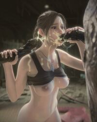 1girls 2girls 3d areolae blowjob blue_eyes bottomless breasts brown_hair capcom claire_redfield crop_top cum cum_in_mouth cum_on_face cum_on_upper_body double_handjob exposed_breasts eye_contact facial fellatio female female_focus fit_female gag gagging handjob handjob_while_sucking hips kingestefano98 long_hair long_penis medium_breasts molded necklace nipples oral penis petite ponytail resident_evil resident_evil_2 resident_evil_2_remake threesome top_lift voluptuous