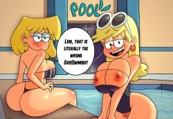 breasts busty female gris_swimsuit huge_ass joizer leni_loud lori_loud nipples reverse_gris_swimsuit speech_bubble swimsuit the_loud_house