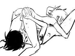 2d_(gorillaz) 69_position arm_tattoo ass ass_grab black_and_white blowjob drooling gay gorillaz hair_over_eyes long_fingernails lying_down lying_on_back lying_on_person male/male monochrome murdoc_niccals white_background yaoi