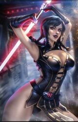 1girls ayyasap bioware black_hair black_lipstick breasts clothing corset dark_persona gloves hands_behind_head lightsaber looking_at_viewer lucasfilm red_eyes red_lightsaber satele_shan sith star_wars star_wars:_the_old_republic