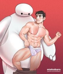 1boy abs asian baseball_cap baymax big_hero_6 black_hair bulge dark_hair disney male male_only marvel muscular_thighs otokobara partially_clothed robot shirtless tadashi_hamada thighs underwear