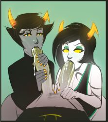 1boy 2girls black_hair black_lips blush bottomless bottomless_female bottomless_male breasts collaborative_fellatio cum diphallia diphallism double_fellatio double_handjob eyebrow_piercing fellatio female green_background green_eyes grey_skin handjob holding_penis homestuck horns huge_cock jamesab just_the_tip kanaya_maryam long_hair looking_at_viewer male ms_paint_adventures multi_penis multiple_girls oral penis playing_skinflute porrim_maryam pov pubic_hair saliva short_hair sollux_captor straight tattoo teamwork threesome troll yellow_eyes yellow_nails