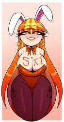 amanda_(nelljoestar) blonde blush breasts bunny_ears bunny_girl bunnysuit cleavage_cutout earrings eyeshadow lipstick makeup necklace nelljoestar orange_eyes orange_hair orange_lipstick original_character provocative simple_background star_eyes very_long_hair