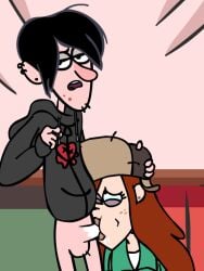 1boy 1girls animated black_hair checkered_shirt deepthroat earrings fellatio freckles ginger gravity_falls hand_on_head kneeling oral orange_hair pubic_hair red_hair robbie_valentino smooth_skin smutterfinger tears throat_fuck wendy_corduroy