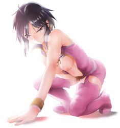 black_hair boots breasts breasts_out commentary female idolmaster idolmaster_(classic) kikuchi_makoto kneeling makoto_kikuchi medium_breasts nipples open_clothes open_shirt pink_diamond_765_(idolmaster) shino_(comic_penguin_club) shirt short_hair solo sweat thigh_boots thighhighs underwear