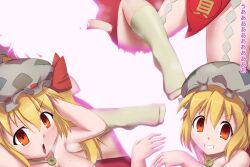 bimbo bimbofication binbou_transformation brainwashing corruption female flandre_scarlet fully_clothed glowing glowing_body japanese_text kakikorori large_ass loincloth mid-transformation nipples plump pre-transformation remilia_scarlet ripped_clothing silhouette socks text thigh_expansion touhou transformation transformation_sequence translation_request weight_gain