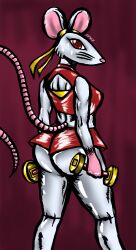 ass ass_focus athletic athletic_female chinese_new_year chinese_zodiac crop_top dumbbell female female_only furry gym_shorts looking_at_viewer looking_back muscular_female nsfwulf rat red_background red_eyes ribbons shiny_clothes shiny_skin sweat tank_top watermark whiskers year_of_the_rat