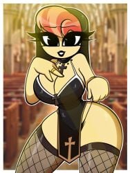 aunt_holiday_(mlp) black_lipstick church cross eyelashes fishnets friendship_is_magic my_little_pony necklace nelljoestar nun nun_hat orange_hair provocative religion ring short_hair thighhighs underwear