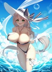:d aquila_(a_sip_of_sardegnian_elegance)_(azur_lane) aquila_(azur_lane) areola_slip areolae azur_lane bangs bare_shoulders bikini black_bikini black_bow blue_nails blue_sky blush bow braid breast_lift breasts bubble chinese_commentary choker commentary_request day eyebrows_visible_through_hair female floating_hair front-tie_bikini front-tie_top gradient green_eyes hair_between_eyes hair_ribbon hat hat_bow heart heart-shaped_pupils highleg highleg_bikini highres holding_strap jewelry laoan large_breasts long_hair looking_at_viewer nail_polish navel necklace official_alternate_costume open_mouth outdoors ribbon sky smile solo standing standing_on_one_leg stomach sun_hat swimsuit symbol-shaped_pupils teeth thigh_strap untied untied_bikini upper_teeth very_long_hair wading water white_choker white_hair white_headwear white_ribbon