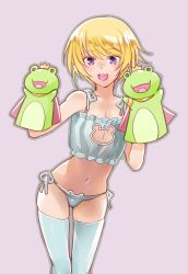 1boy blonde_hair boob_window bulge crossdressing femboy girly happy idolmaster idolmaster_side-m lingerie open_mouth petite pierre_(idolmaster) posing puppet purple_eyes short_hair side-tie_panties skimpy smaller_male solo_focus thighhighs yaoi