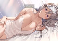 amasora_taichi bangs bare_shoulders bed_sheet breasts cleavage closed_mouth female female frilled_hairband frills hair_between_eyes hairband hand_on_own_thigh large_breasts looking_at_viewer lying nightgown on_side original silver_hair smile strap_slip thighs