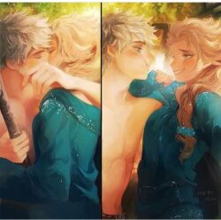 1boy 1boy1girl 1girls arm_around_neck blonde_hair braid braided_hair comic couple_love crossover cute disney disney_princess dreamworks elsa_(frozen) fanart fanon_couple female frozen_(film) fully_clothed hug jack_frost jack_frost_(rise_of_the_guardians) jelsa kiss kissing light-skinned_female light-skinned_male long_hair male male/female messy_hair outdoors outside platinum_blonde_hair rise_of_the_guardians romantic romantic_couple shirtless shirtless_(male) silver_hair straight teasing wearing_partner's_clothes white_hair wholesome