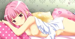 after_sex bangs blunt_bangs blush braid breasts female kinohara_hikaru long_hair looking_at_viewer lying magia_record:_mahou_shoujo_madoka_magica_gaiden mahou_shoujo_madoka_magica naked_shirt nipples on_bed on_side pillow pink_eyes pink_hair pussy shirt sidelocks small_breasts smile solo tamaki_iroha