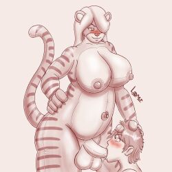 1boy 1futa anthro balloon balloonie balls big_breasts big_penis blowjob erection fellatio furry futa_on_male futadom futanari hand_on_head inflatable large_balls large_breasts light-skinned_male light_skin living_inflatable loonerma male mommy_kink oral penis sex tiger tigress