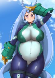 1girls big_breasts blue_eyes blue_hair blush bodysuit breasts cloud eye_contact female female_human gloves hadou_nejire hadou_nejire_(hero_outfit) happy heart-shaped_pupils hero_outfit_(mha) hi_res highres huge_breasts human long_hair looking_at_viewer my_hero_academia nejire_hado nejire_hado_(hero_outfit) nipple_bulge pregnant pussy pussy_juice shiny_clothes skin_tight skindentation superhero_costume superheroine thick_thighs thighs tight_clothing wet_pussy wide_hips yamaori