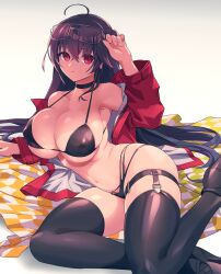 adjusting_eyewear ahoge azur_lane bangs bikini black_bikini black_choker black_footwear black_hair black_legwear boots breasts chingisu choker cleavage commentary eyewear_on_head female female garter_straps grey-framed_eyewear jacket large_breasts long_hair long_sleeves looking_at_viewer lying multi-strapped_bikini navel official_alternate_costume on_side open_clothes open_jacket parted_lips red_eyes red_jacket skindentation solo string_bikini sunglasses sunglasses_on_head swimsuit taihou_(azur_lane) taihou_(enraptured_companion)_(azur_lane) thigh_strap thighhighs