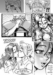 breasts clothed_breasts comic comic_page english_text kissing link link_(ocarina_of_time) long_ears long_hair malon ocarina_of_time pointy_ears saikyo3b the_legend_of_zelda tongue tongue_out