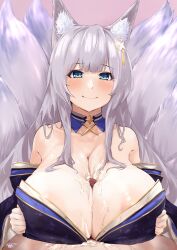 1boy 1girls animal_ear_fluff animal_ears areola_slip areolae azur_lane bangs bare_shoulders blue_eyes blunt_bangs blush breast_squeeze breasts censored collarbone cum cum_on_body cum_on_breasts detached_sleeves eyebrows_visible_through_hair female fox_ears fox_girl fox_tail hair_between_eyes hair_ornament highres huge_breasts kitsune light-skinned_female light-skinned_male light_skin long_hair looking_at_viewer mosaic_censoring motion_lines multiple_tails off-shoulder_kimono oza_osuwari paizuri paizuri_under_clothes pov sakura_empire_(azur_lane) shinano_(azur_lane) shiny shiny_hair shiny_skin silver_hair smile solo_focus straight tail trembling