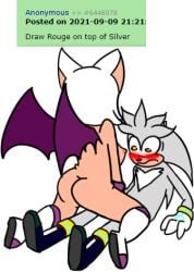 1boy 1girls anthro ass bat blush chest_tuft cowgirl_position english_text eulipotyphlan eyeshadow female_on_top femdom gloves green_eyes hedgehog heels jakee lipstick lowres makeup male male/female request riding_penis rouge_the_bat rule_34_comment silver_the_hedgehog sonic_(series) straight text vaginal_penetration white_background white_fur white_hair wings yellow_eyes