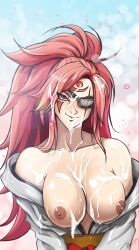 1girls after_sex baiken bare_shoulders big_breasts breasts bukkake busty cleavage cum eye_patch facial female female_focus female_only guilty_gear long_hair pink_hair ponytail remyart solo