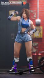 3d absurdres assertive_female biceps brown_hair female female_focus female_only fingerless_gloves flexing gloves gym hand_on_hip highres kazama_asuka midriff muscular muscular_female pose solo tekken tekken7wallpapers thick_thighs thighs weightlifting weights working_out workout wrestler wrestling_ring