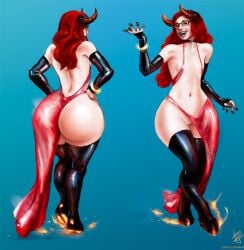 1girls amrrr big_ass daphne_dress demon demon_girl flat_chest goat_legs horns huge_ass light-skinned_female light_skin long_hair precarious_clothing revealing_clothing revealing_side_view small_breasts wide_hips