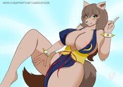 anthro athom big_breasts blush breasts brown_fur brown_hair cleavage dog_ears dog_tail eyelashes female_only furry green_eyes hips horny horny_female looking_at_viewer piercing piercings sara_(oc) simple_background smile smiling smiling_at_viewer tail teasing teasing_viewer thick_thighs thighs