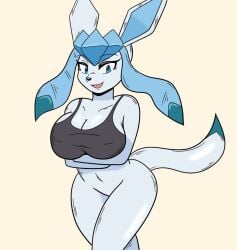 anthro athom blue_eyes blue_fur breasts cleavage eyelashes female female_only game_freak glaceon hands_crossed hips looking_at_viewer nintendo pokemon simple_background smile smiling smiling_at_viewer tail thighs