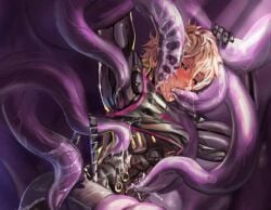 aivelin arms_up belt blonde_hair blush dripping fluids genos messy_hair one-punch_man robot_humanoid shirt_lift solo solo_focus solo_male sucking sucking_testicles tentacle tentacle tentacle_sex