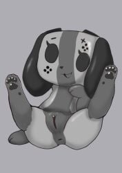 ahkin anthro anus canid canine canis clitoris domestic_dog fangs female furry genitals grey_background grey_body grey_fur hi_res legs_up mammal monochrome naked nintendo nintendo_switch nude open_mouth open_smile pawpads paws pussy semi-anthro simple_background sitting smile solo spread_legs spreading switch_dog video_games