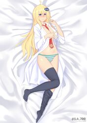 3_4_700 ahe_gao big_ass big_breasts blonde_hair blue_eyes blushed dakimakura emoji kym-tan labcoat large_hips long_hair long_socks looking_at_viewer lying_on_bed panties playing_with_hair red_tie site-tan smirk thin_waist