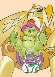 absurd_res anthro armor ball_fondling balls bandai_namco big_belly bodily_fluids breasts cum cum_in_pussy cum_inside digimon digimon_(species) digimon_adventure digimon_adventure_02 duo elemental_creature equid equine female flora_fauna fondling genital_fluids genitals gold_body green_body hi_res horse inflation looking_pleasured male male/female mammal nipples open_mouth palmon pegasusmon penetration penis plant pussy size_difference tentacle vines wings zody300