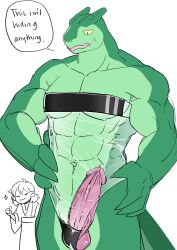 1boy abs anthro clothing english_text erection huge_cock lizardman male male_anthro male_focus muscles muscular muscular_male non-human penis sframboob solo_focus spirit_bathhouse sweatdrop text webcomic zaggie_(spirit_bathhouse)