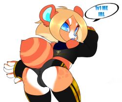 angry anthro ass blue_eyes bulge clothed clothing dialogue english_text femboy fur furry furry_only girly league_of_legends looking_at_viewer looking_back looking_back_at_viewer male male_only mammal orange_body orange_fur raccoon_dog rmada shortstack solo speech sybillotus tail talking_to_viewer tan_hair tanuki text video_games